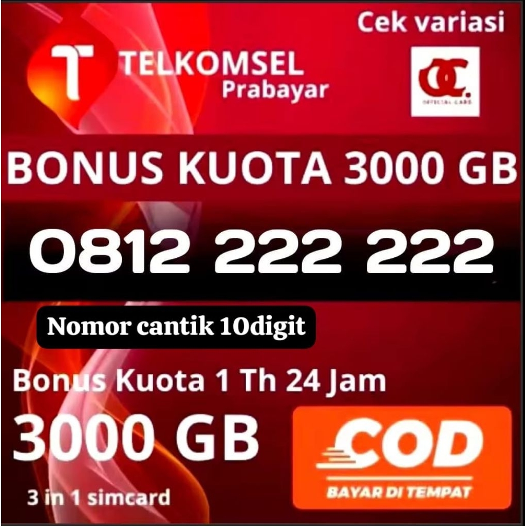 COD DAPATKAN NOMOR CANTIK TELKOMSEL 10DIGIT BONUS KUOTA 3000GB