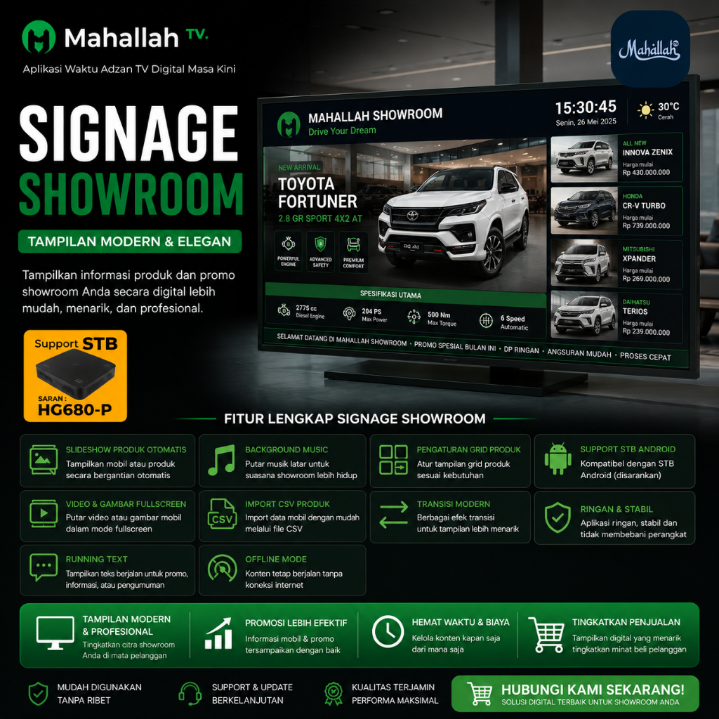 Aplikasi TV Digital untuk Showroom - Signage TV Android, Smart TV, Support STB HG680P