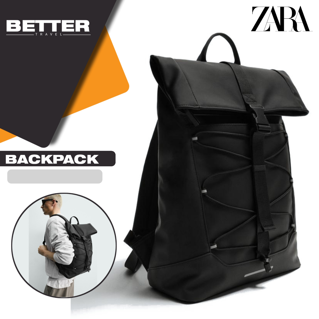ZARA tas ransel pria backpack traveling daily sekolah kuliah kasual full black flap