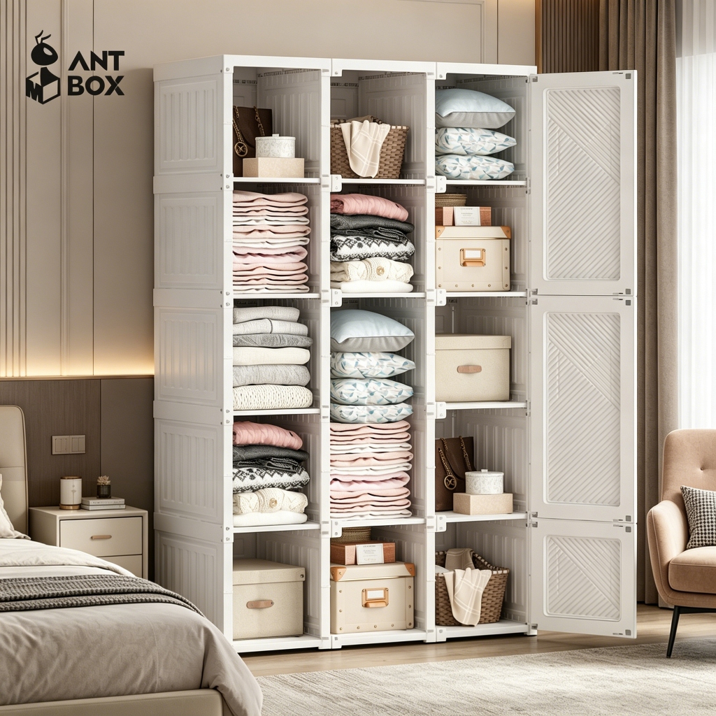 ANTBOX Lemari Pakaian Pintu Putih 14 Box Penyimpanan 890L Lemari Baju Lipat Minimalis Plastik Tebal