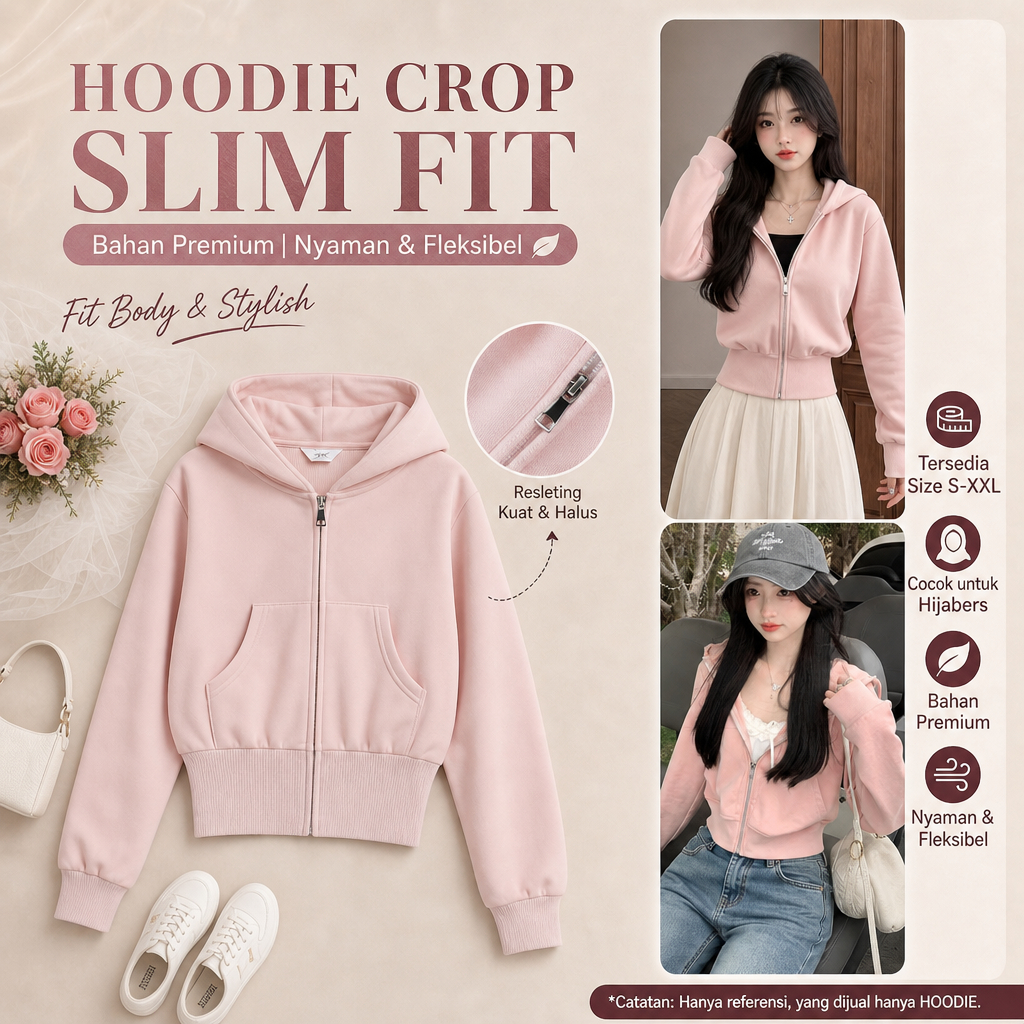 Waist slimming pink zipper short hoodie hoodie - Soft fabric, casual daily wear, waist slimming slim