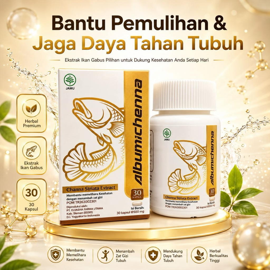 ALBUMICHENNA Kapsul Ekstrak Ikan Gabus isi 30Kapsul Obat Luka Pasca Operasi Pemulihan Cepat Albumin 