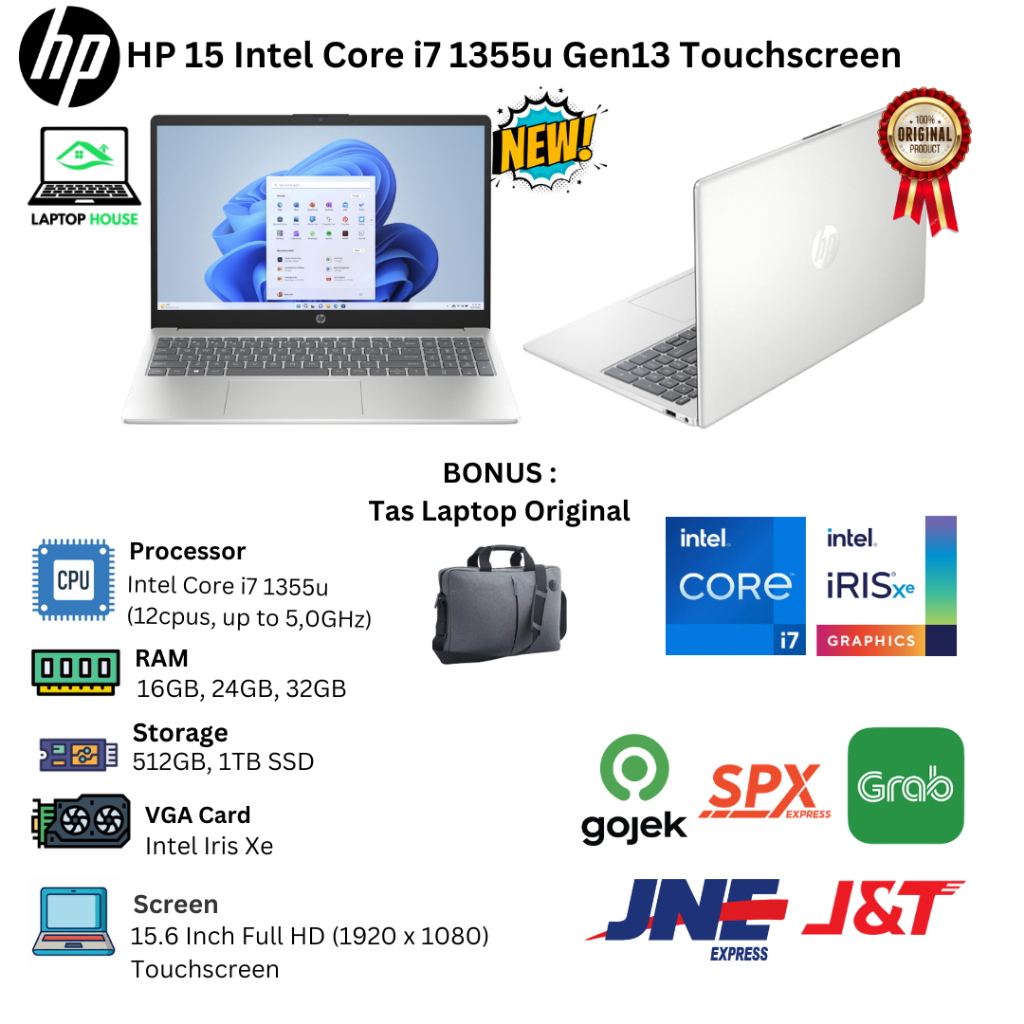 Laptop Baru HP 15 Intel Core I7 1355u 12cpu 5,0Ghz Touchscreen