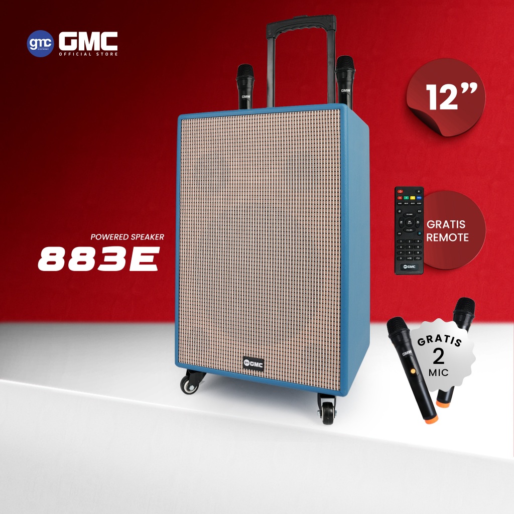 GMC Speaker 883E – Bluetooth Karaoke Speaker 12" – 200W, USB, SD, AV In,Radio, Gratis 2 Wireless Mic