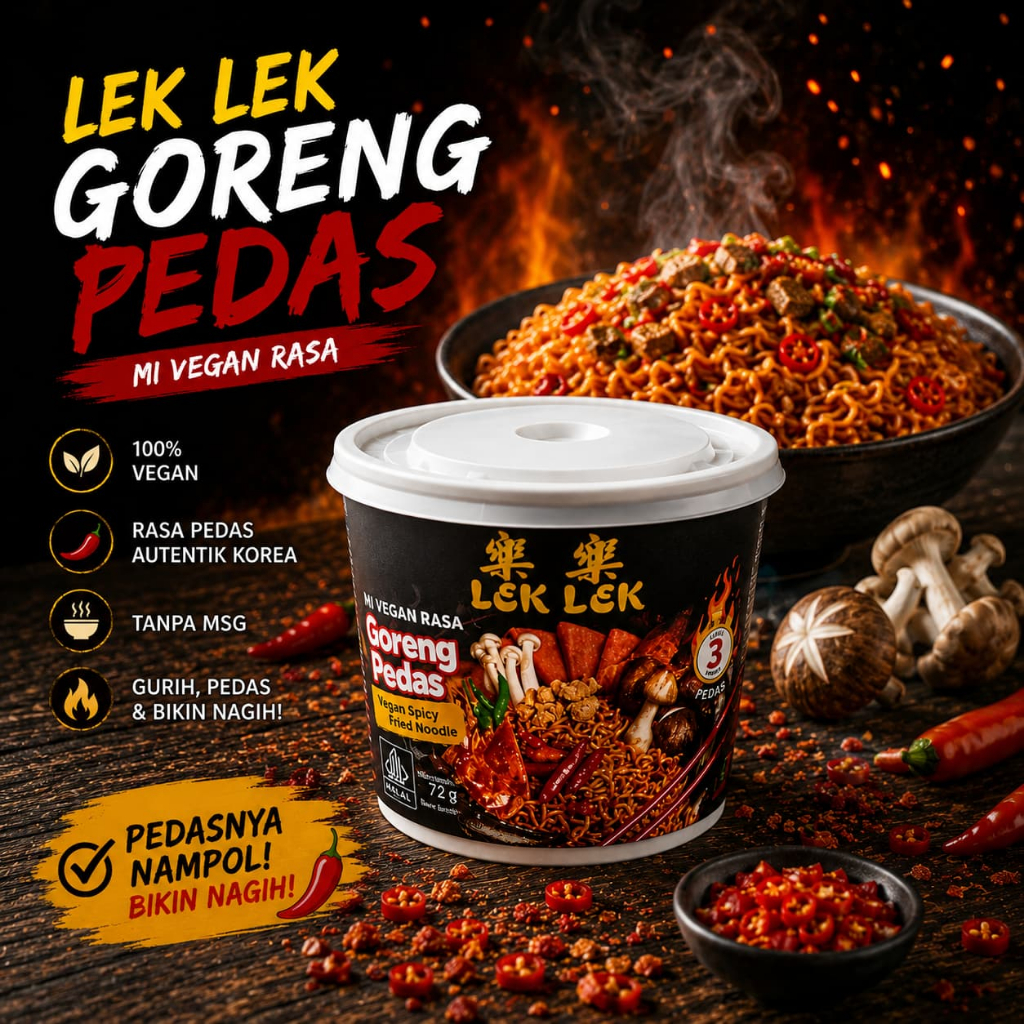 Mie Cup Lek Lek Vegan Rasa Goreng Pedas / Vegan Spicy Fried Noodle