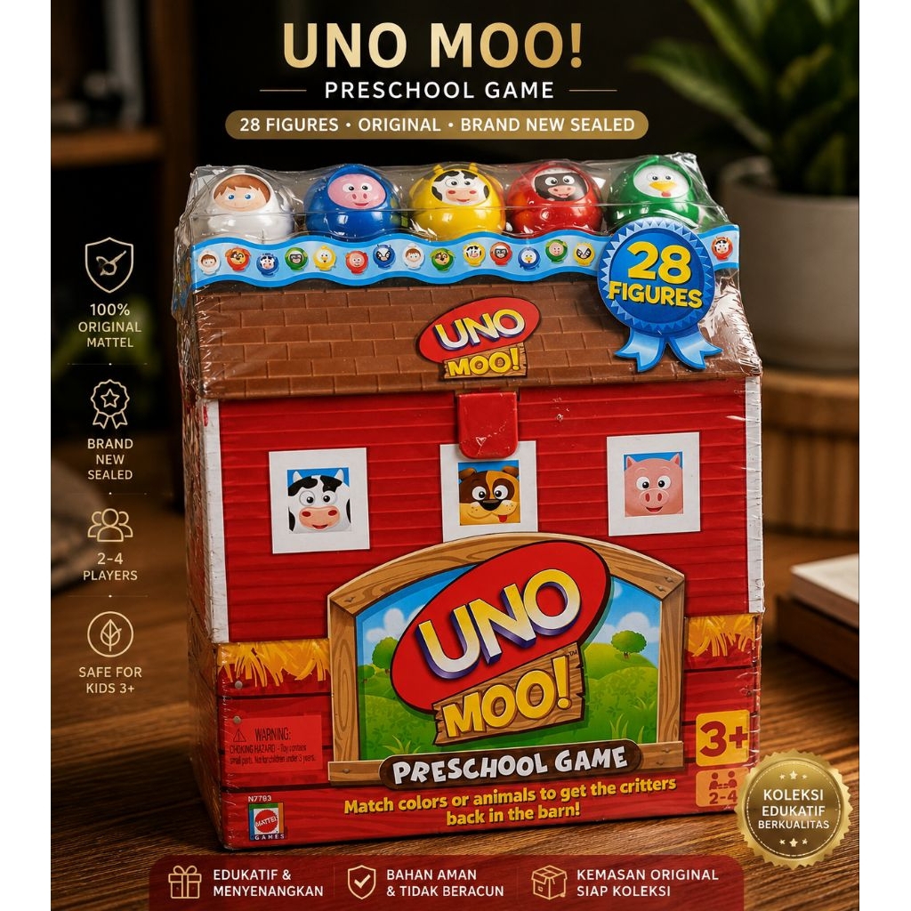 UNO Moo Preschool Game Mattel Original Sealed 28 Figures Board Game Edukasi Anak Vintage
