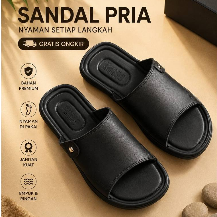 Sandal Pria Kulit Asli Sandal Slide Polos Kekinian Sandal Slop Pria