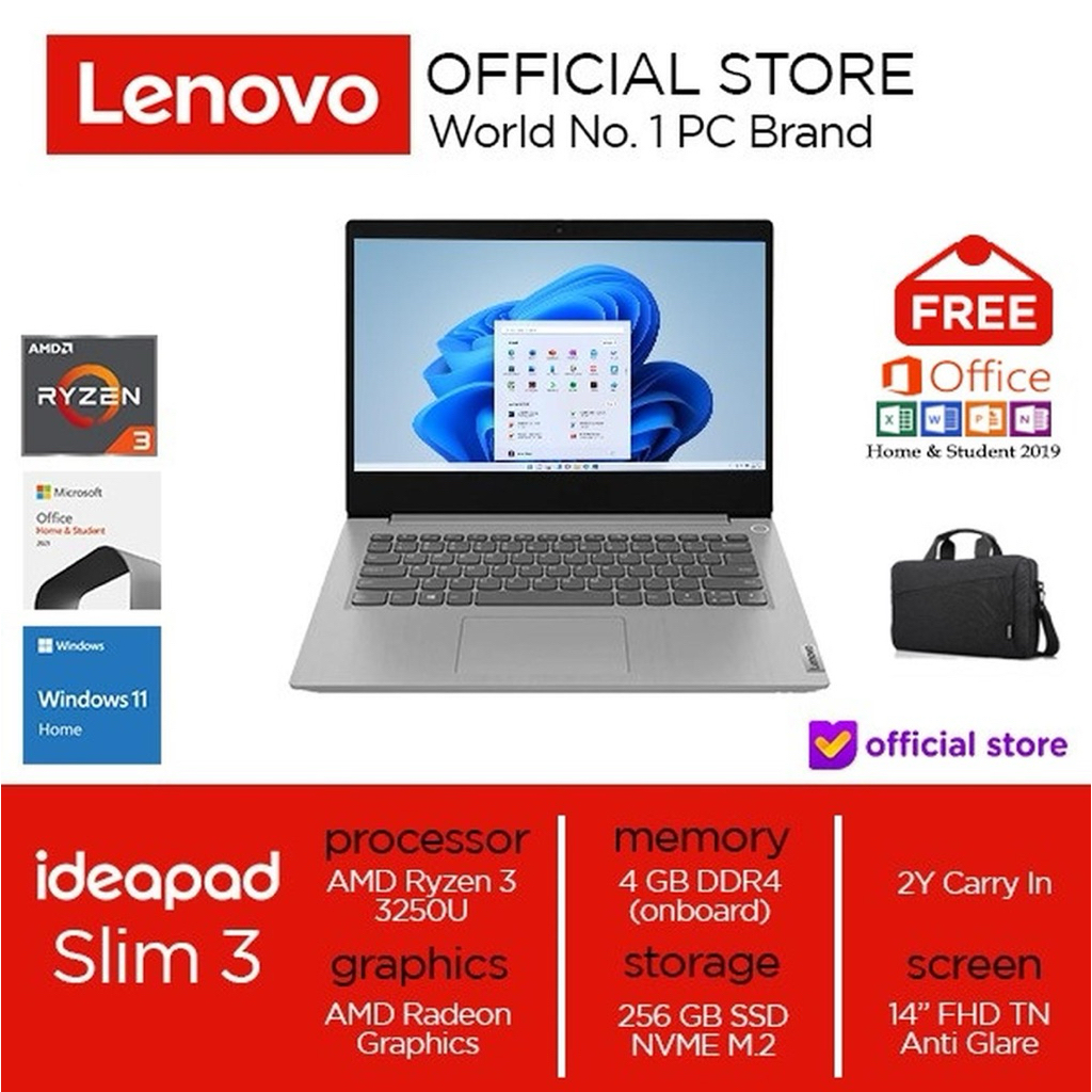 Lenovo Ideapad Slim 3 AMD Ryzen 3-3250U SSD 256GB RAM 4GB Laptop Second Gaming Bekas setara core i5