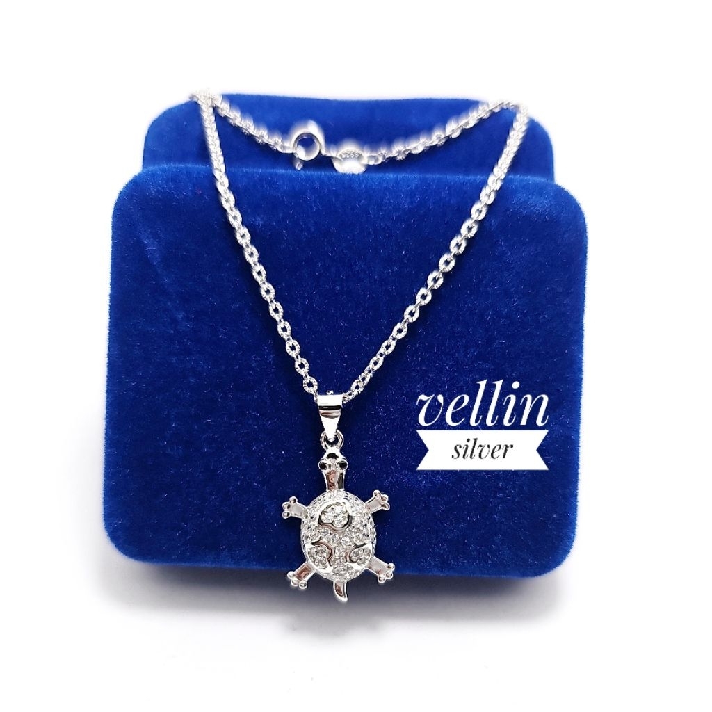 Kalung Rantai Nori Ukir & Liontin Kura Kura Silver 925 Lapis Emas Putih - Kalung Liontin Perak Asli 