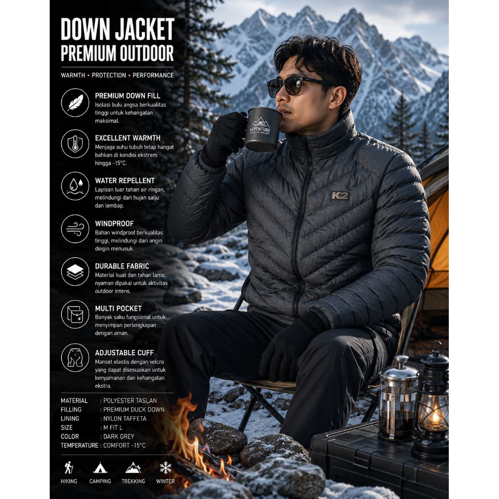 Down Jaket Bulang K2 hangat Abu Size M fit L