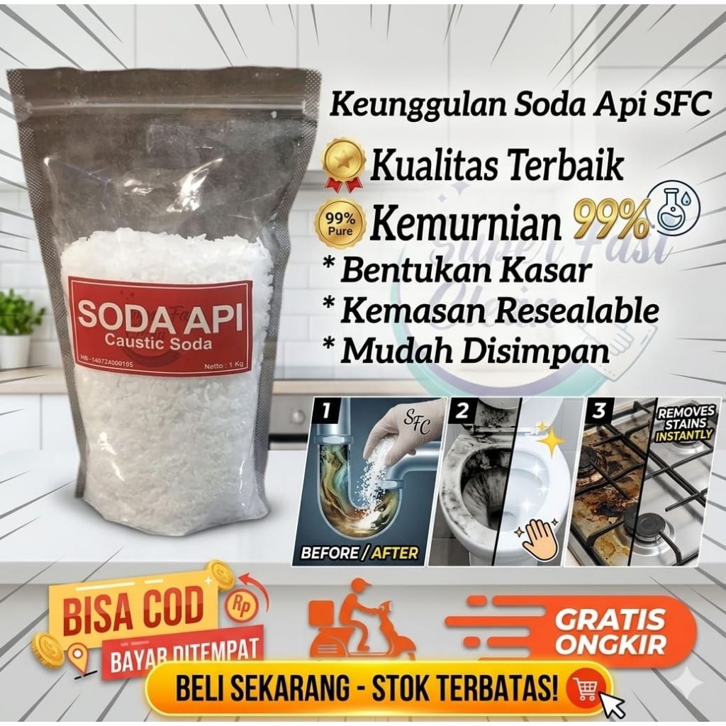 Soda Api Murni Flakes NaOH 98%  500Gram Bubuk Serbaguna Terbaik | SFC Soda Api Bubuk Anti Sumbat Amp