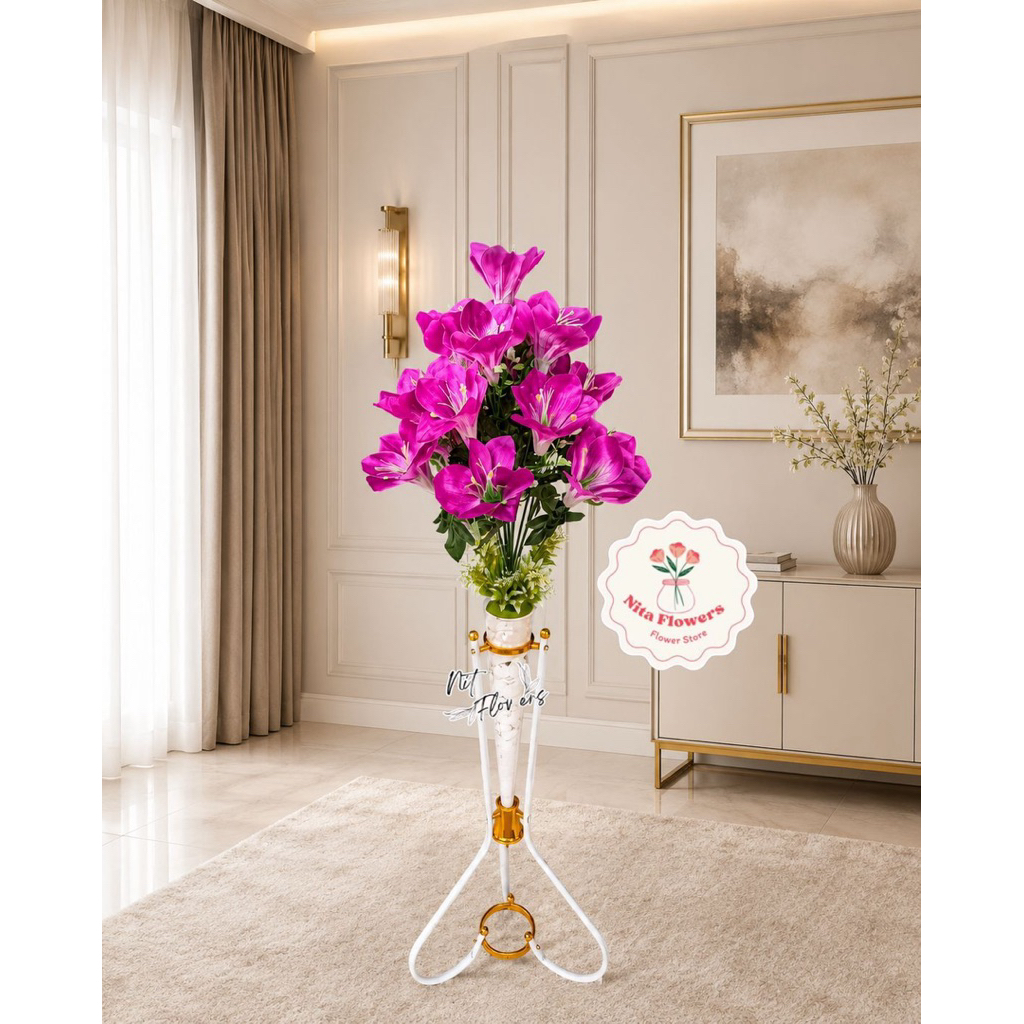 Bunga Hias Sudut Amarilis Magnolia Artificial Premium berikut dengan pot dan standing besi bunga hia