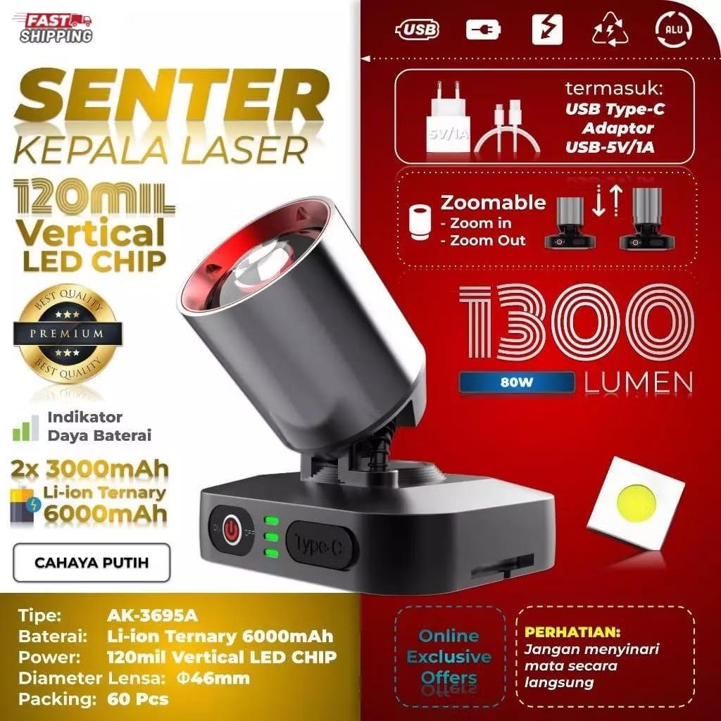 AK-3695A/AK-3696 SENTER KEPALA LED LASER 80 / 1300 LUMEN BATERAI 6000MAH senter kepala zoom led lase