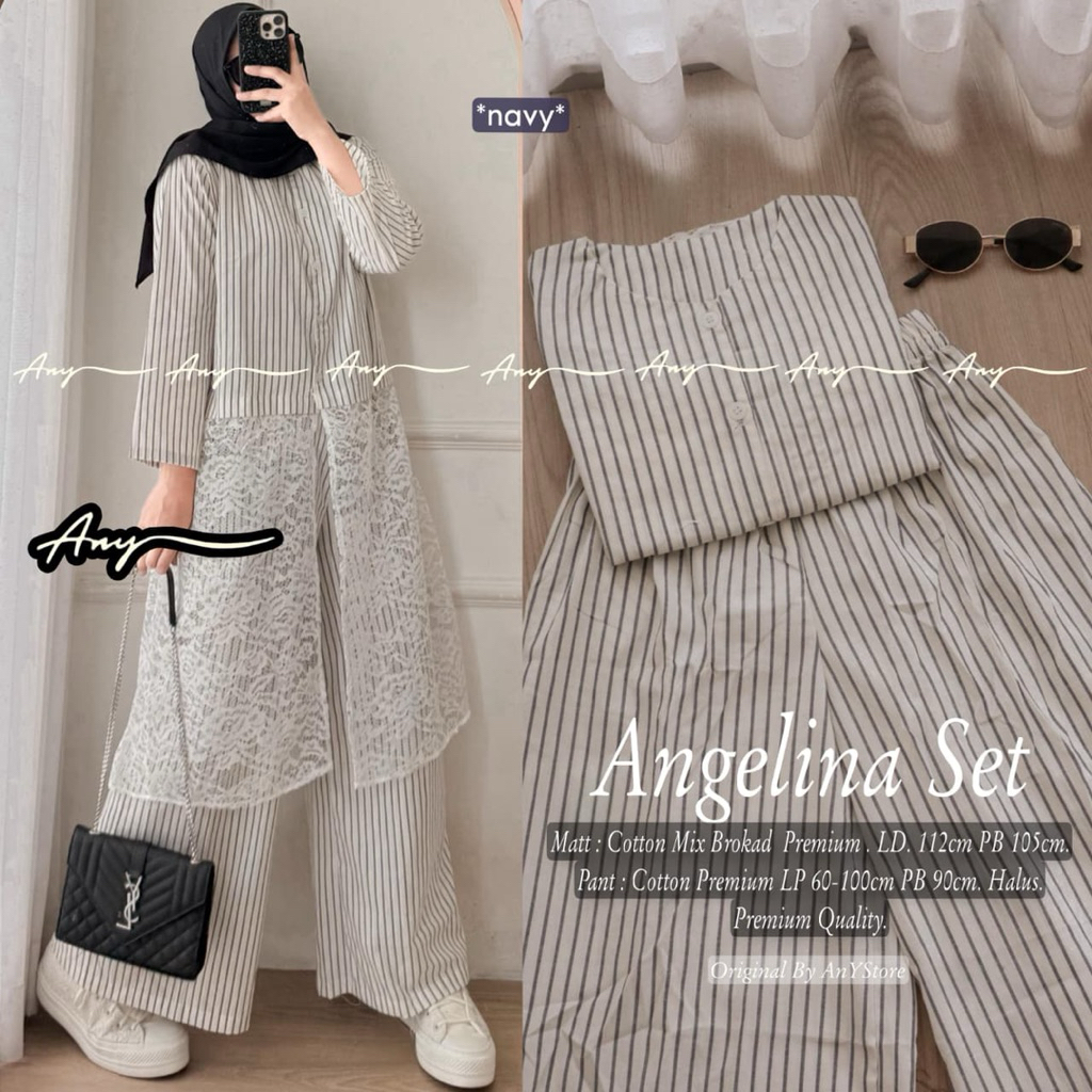 ready stok siap kirim angelina setelan tunik mix brokat dan celana kulot katun salur bestseller nyam