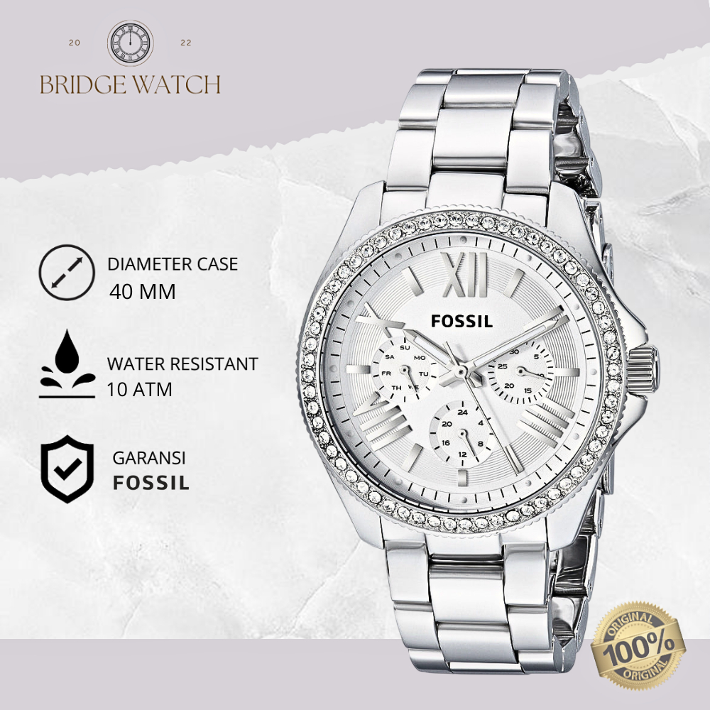 Jam Tangan Wanita Fossil Cecile AM4481 Chronograph Rantai Analog Silver Stainless Steel Mewah Origin
