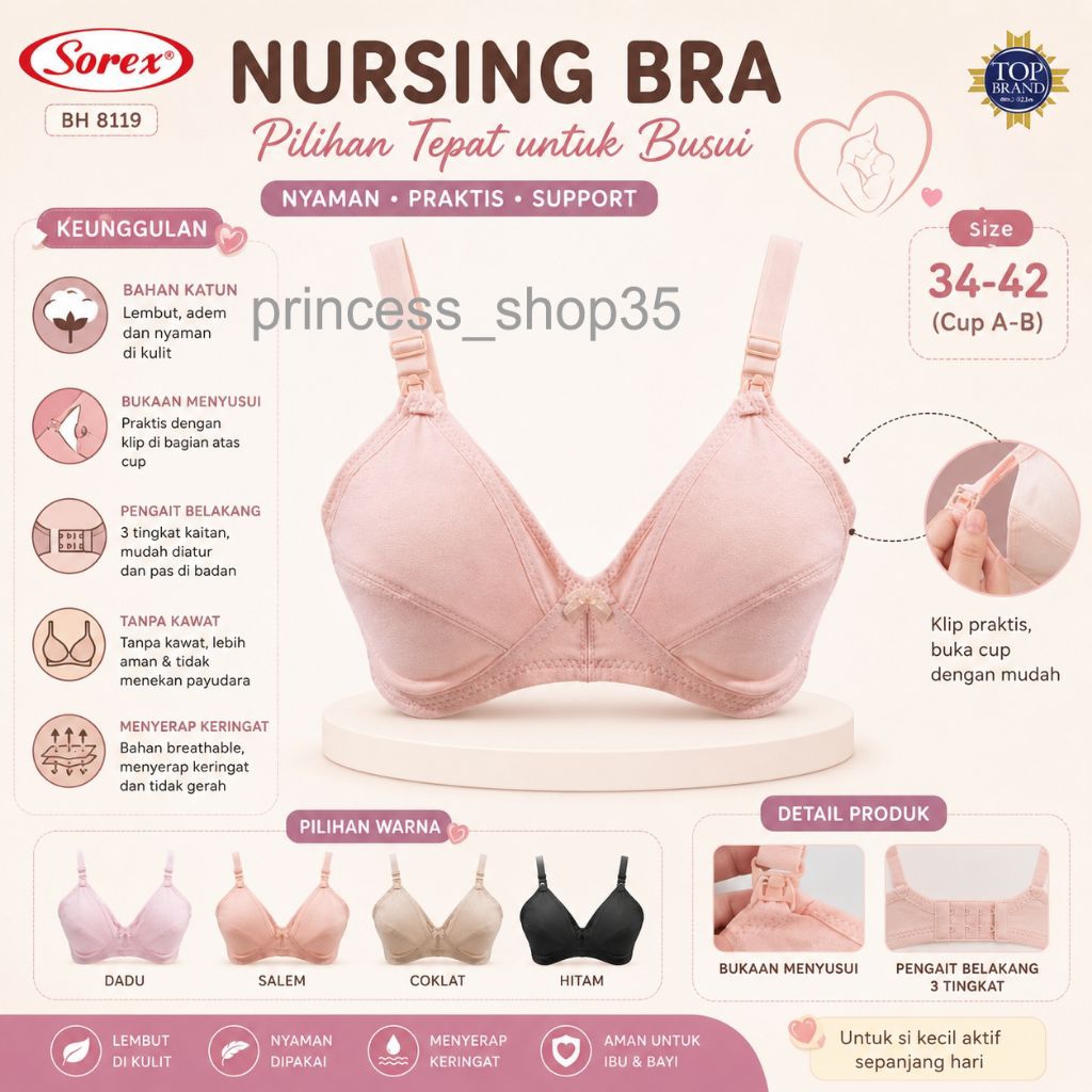 BH Menyusui Sorex 8119 Katun | Nursing Bra Bukaan Depan Tanpa Kawat Size 34-42