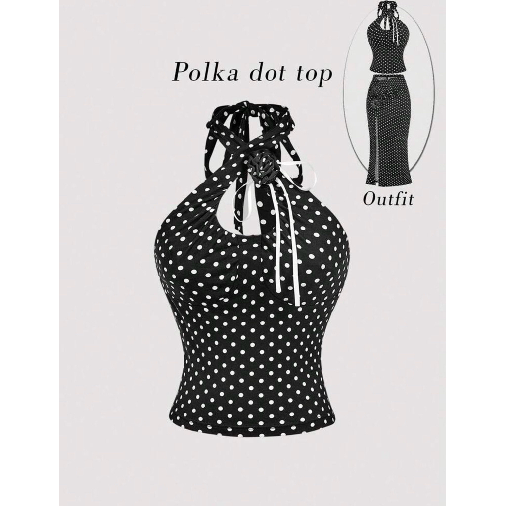 SHEIN MOD Women's Black And White Polka Dot Halter Top,Summer Retro Vintage 70s Vacation Camisole Wi