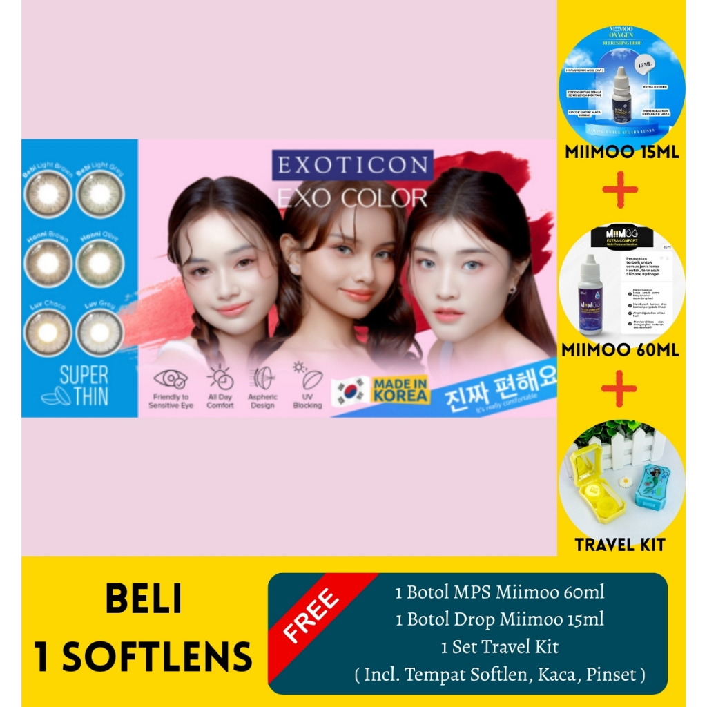 Bundling Softlens Exo Color Minus 0.50 sd 2.75 + MPS Miimoo 60ml + Drops miimoo 15ml + Travel Kit Mi