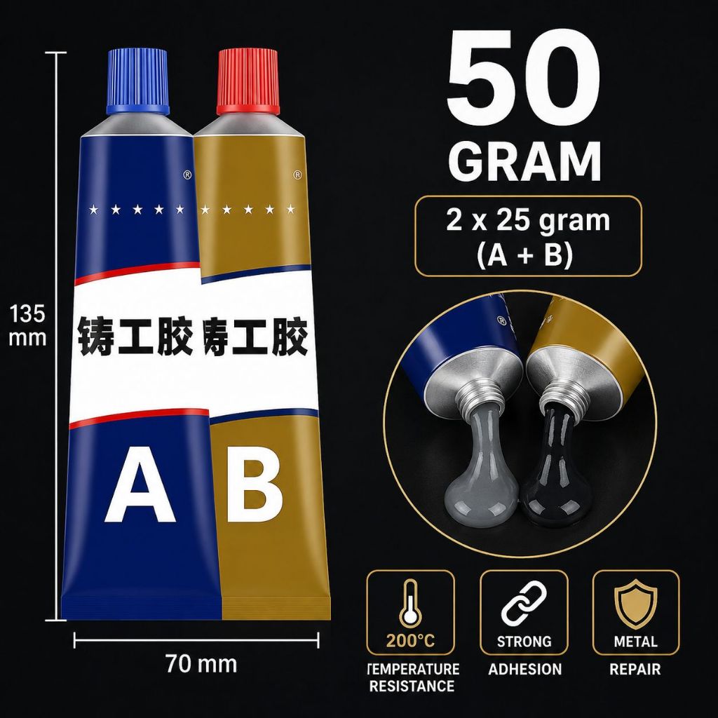 Lem Besi AB Epoxy 50 Gram Perekat Logam Kuat Tahan Panas Metal Repair Serbaguna untuk Besi Baja Alum