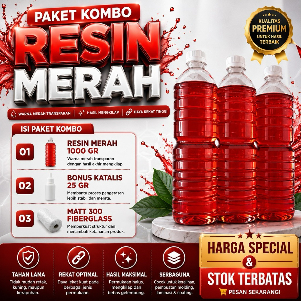 Paket Kombo Resin Merah bonus Katalis dan Matt Fiberglass