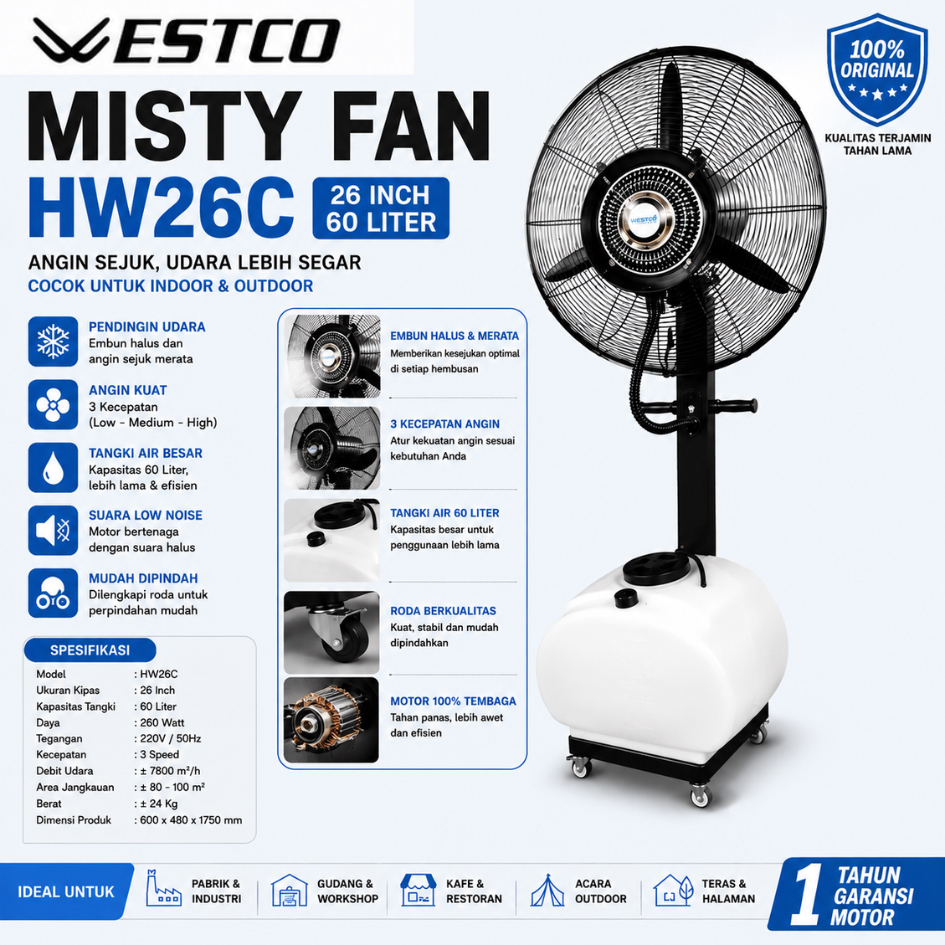 WESTCO HW-26C Mist Fan Kipas Angin Embun Halus 26" 60 Liter Listrik Rendah 260 Watt KIPAS ANGIN KABU