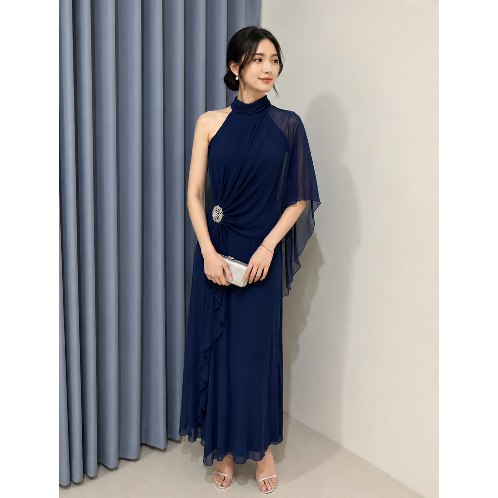 BN827 NEW NAVY CHIFFON LONG DRESS GOWN ONE SHOULDER