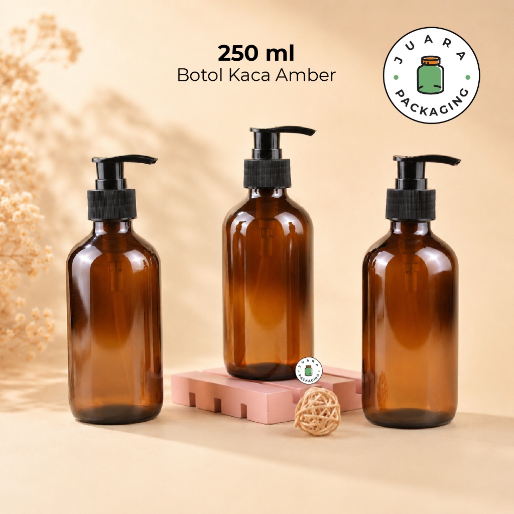 Kaca Amber Pump Botol Kaca Amber 250 ml Tutup Pump Hitam untuk Sabun Lotion Skincare Pump Hitam 250m