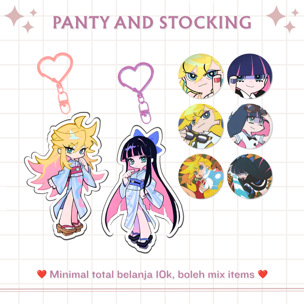 PANTY AND STOCKING WITH GARTERBELT MERCH | ACRYLIC KEYCHAIN | GLITTERY PIN | GANTUNGAN KUNCI AKRILIK