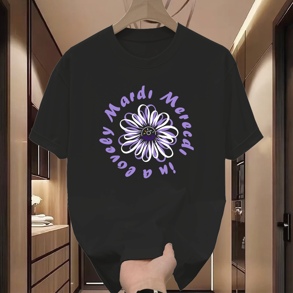 *COD*T-shirt santai ala Korea pria dengan cetakan bunga marigold berwarna ungu putih, lengan pendek 