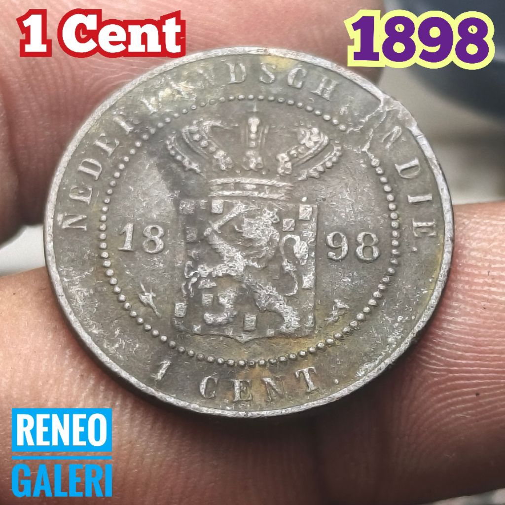 1 Cent tahun 1898 asli korosi Nederlandsch indie uang koin kuno zaman Hindia Belanda sen buntu duit 