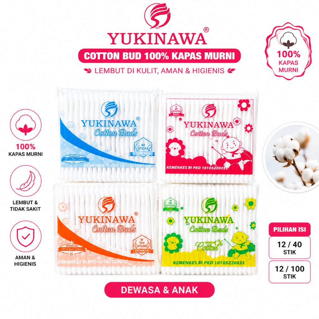 YUKINAWA Cotton Bud 100% Kapas Murni | Isi 12 Pack 100 Stik | Cotton Bud Bayi & Dewasa Lembut Aman H