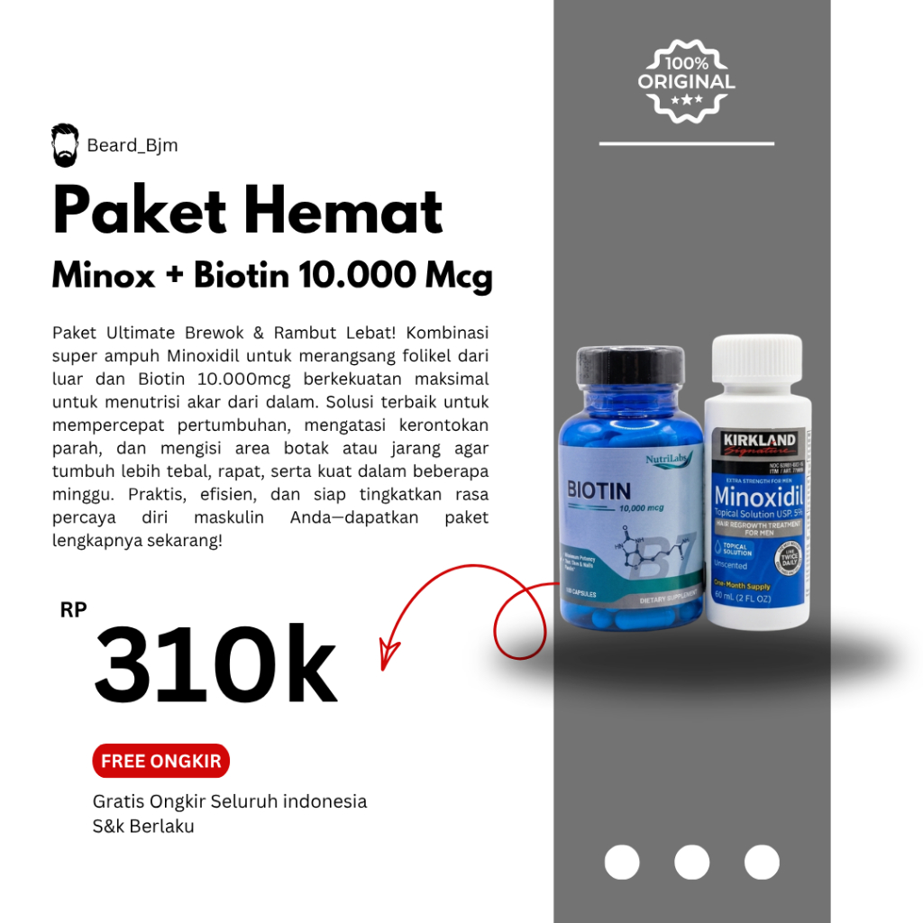 PAKET HEMAT Beard BJM - Kirkland Minoxidil 5% + Nutrilabs Biotin 10.000 mcg/100 Softgel Penumbuh Bre