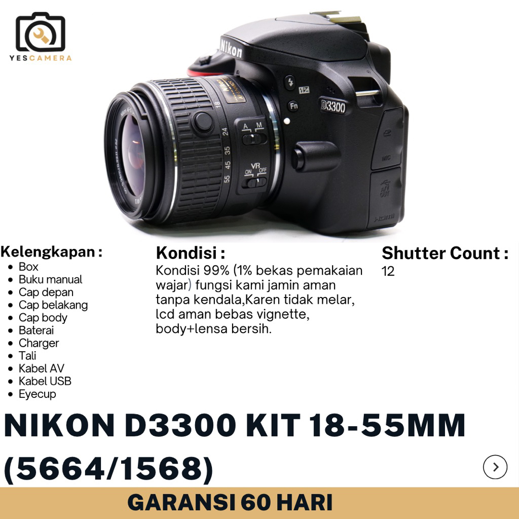 Nikon D3300 KIT AF-S DX 18 55mm VR II (Bekas) - 24,2MP , Video Full HD, ISO 25.600 - Fullset Box (56
