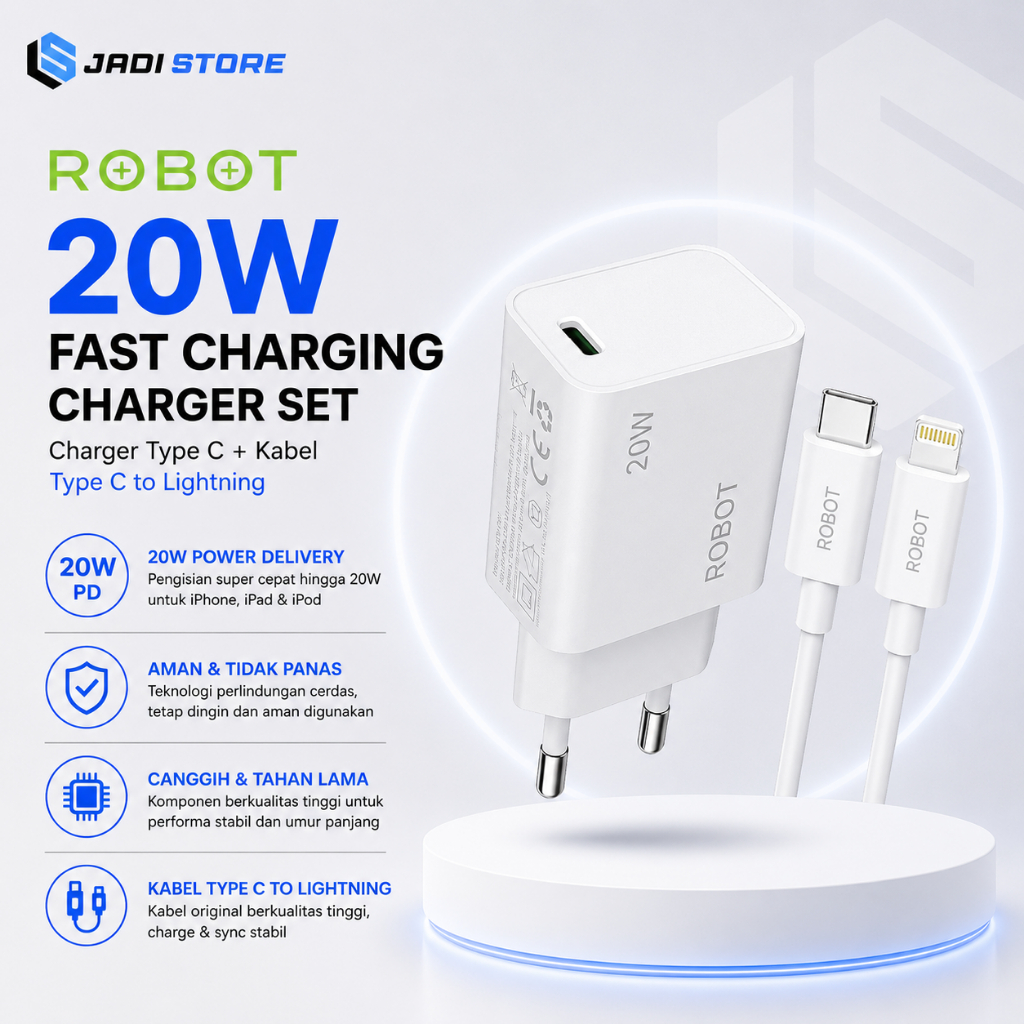 ROBOT RT-P6 Charger 20W Fast Charging Set Kabel Data Type C to Lightning Original Kepala Casan Pengi