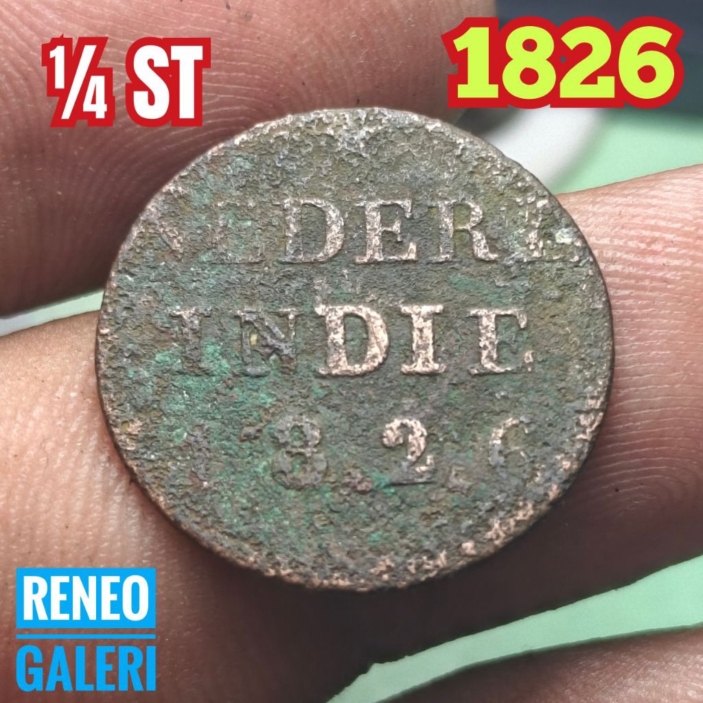 Asli koin 1/4 Stuiver tahun 1826 korosi Nederl Indie uang Jaman Hindia Belanda seperempat ST duit lo