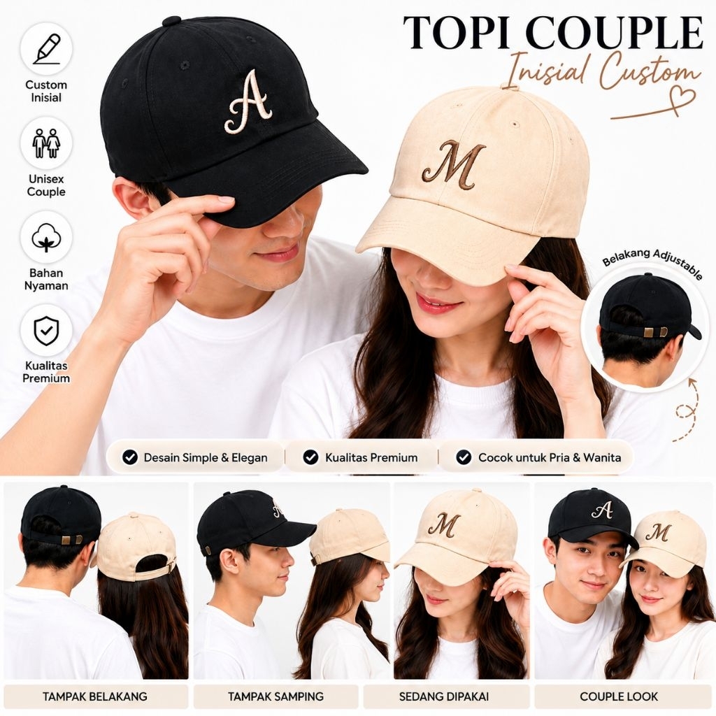 Topi Couple Custom Nama Bordir premium | topi Aesthetic Pasangan Inisial Annibersary Unik