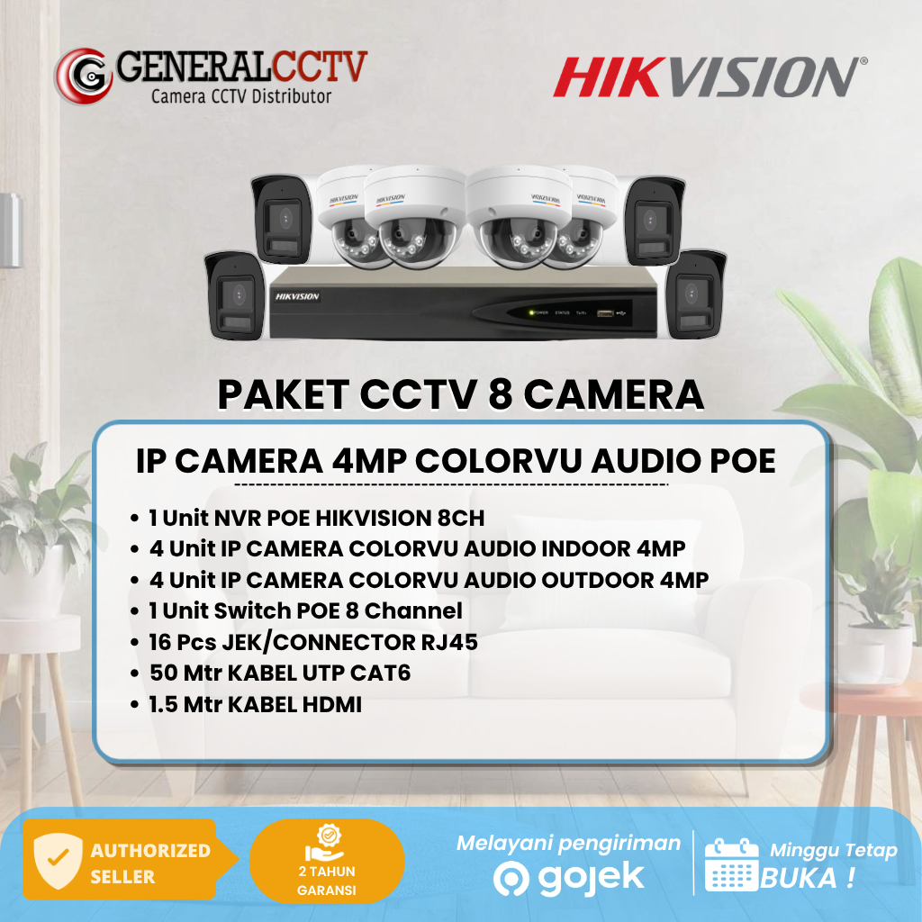 PAKET 8 IP CAMERA HIKVISION 4MP COLORVU AUDIO IP CAMERA POE