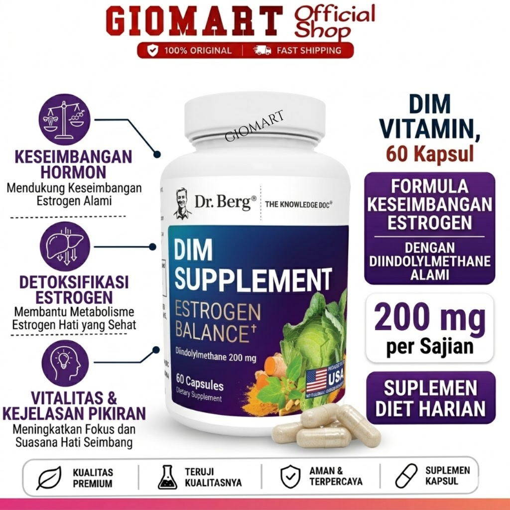 Dr. Berg DIM Supplement Estrogen Balance 60 Capsules Original - Suplemen Keseimbangan Hormon Wanita,