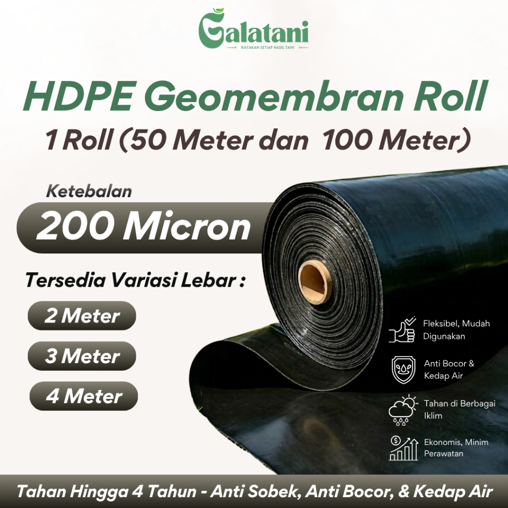 Plastik HDPE Geomembran 1 Roll Tebal 200 Mikron – Lebar 2 / 3 / 4 Meter