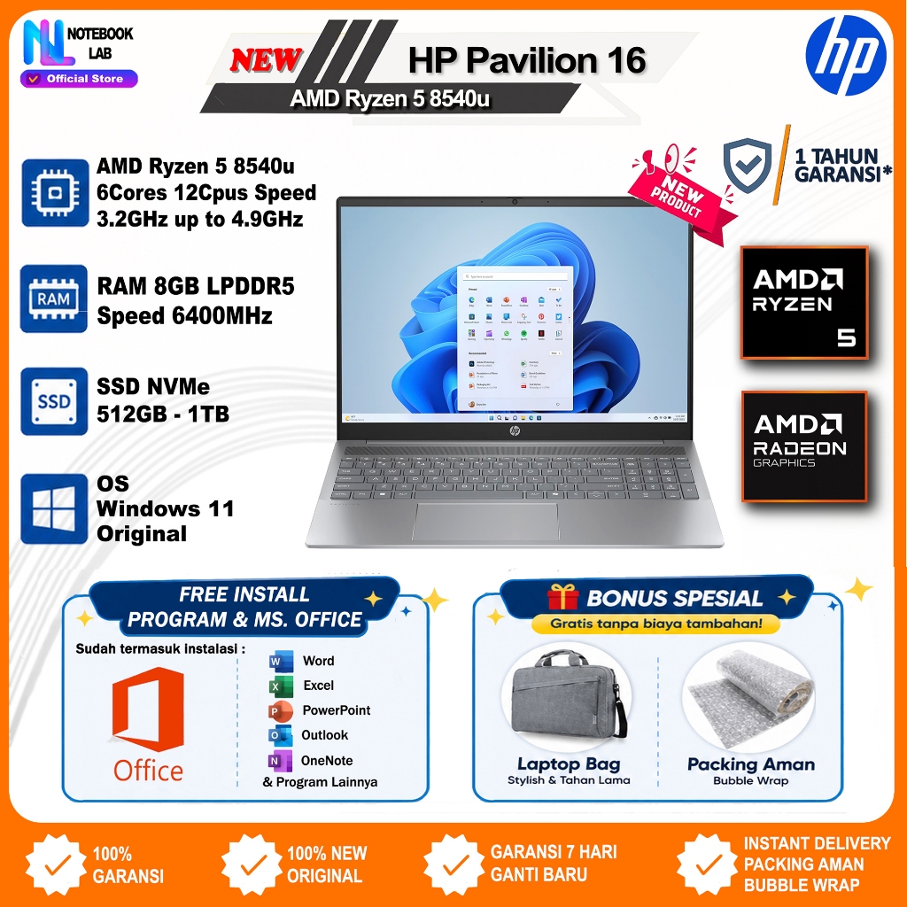 Laptop HP Pavilion 16 AMD Ryzen 5 8540u | Ryzen 7 8840u Windows 11 Garansi 1 Tahun