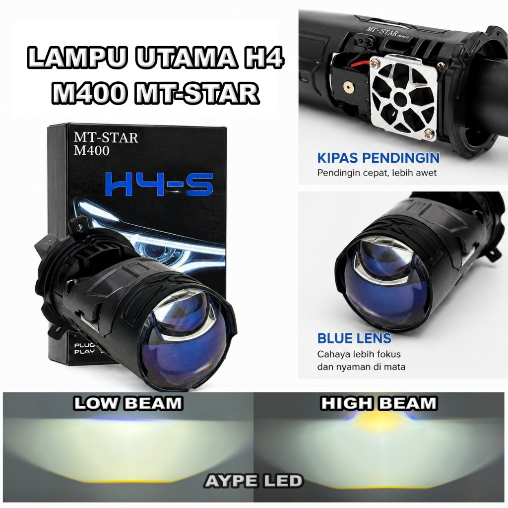 Lampu Utama Mini Biled H4 MT-STAR M400 Bluelens Di lengkapi Kipas H4 Utama Motor Mobil