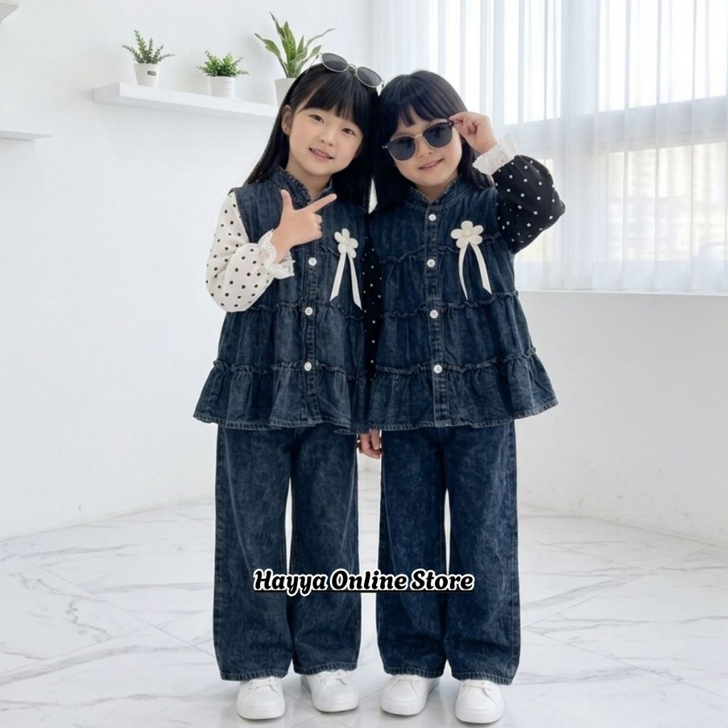 Setelan Liora Polka Celana Jeans Anak Perempuan Usia 3-12 Tahun Fashion Model Terbaru - Set Kemeja F
