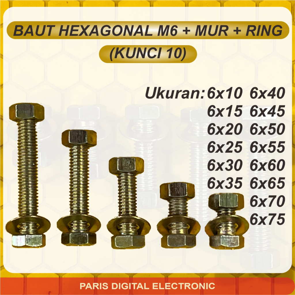 (GROSSIR) BAUT + MUR + RING BESI M6 HEXAGONAL KUNING, KUNCI 10, DRAT PITCH 1.25