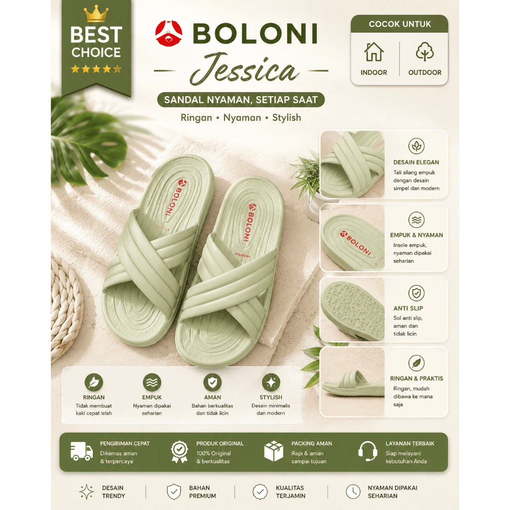 Sandal Slop Wanita Boloni Jessica Original – Sandal Karet Wedges Casual Modis & Anti Slip - Warna Hi