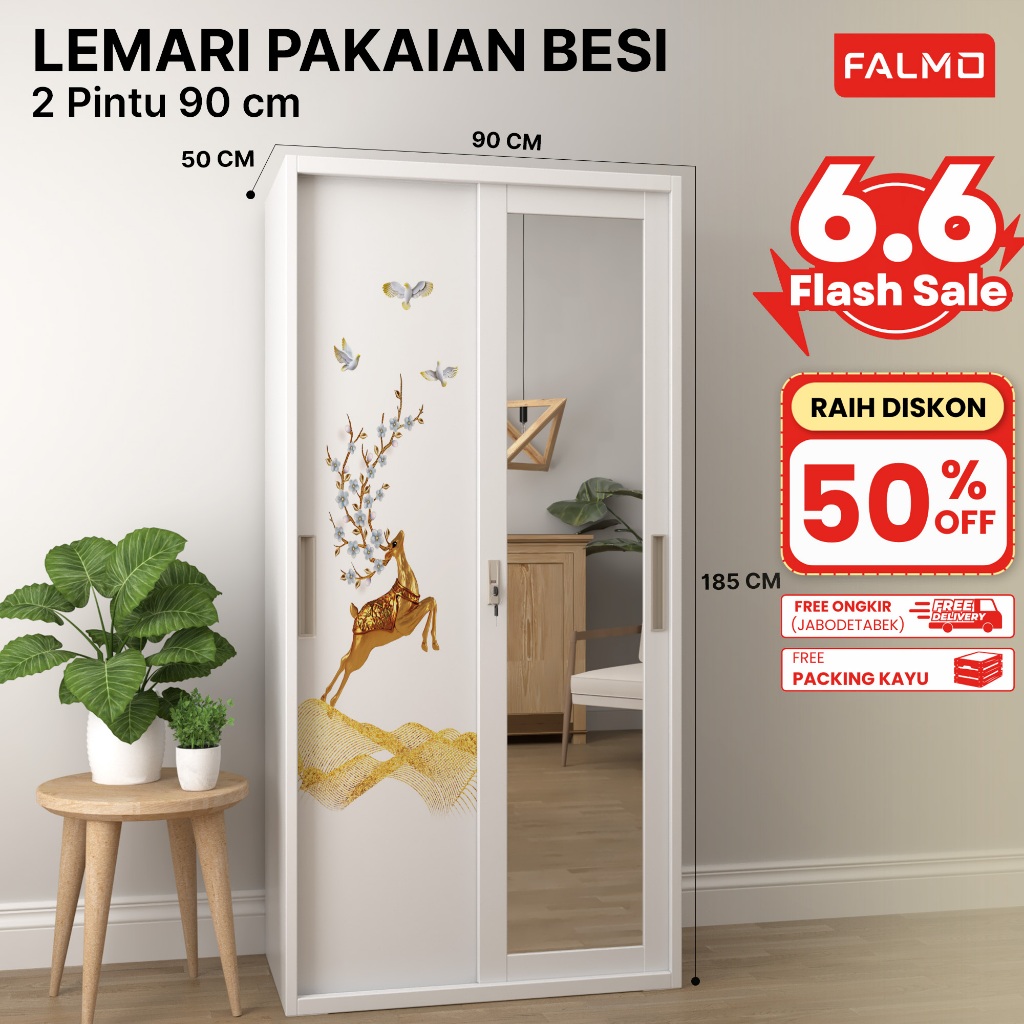PROMO FALMO Lemari Pakaian 2 Pintu Sliding 90cm Full Motif Premium 2 Gantungan Hemat Tempat Anti Deb