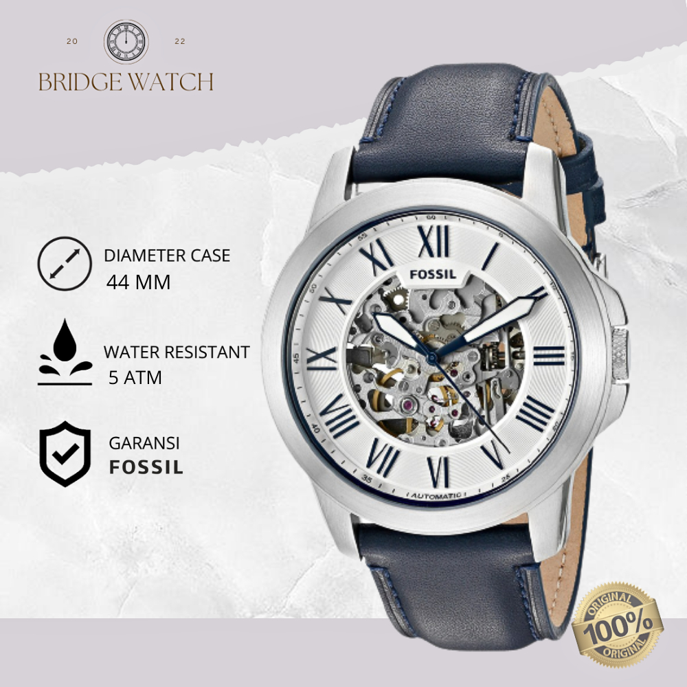 Jam Tangan Pria Fossil Grant Automatic ME3111 Kulit Navy Blue Casual Mewah Original