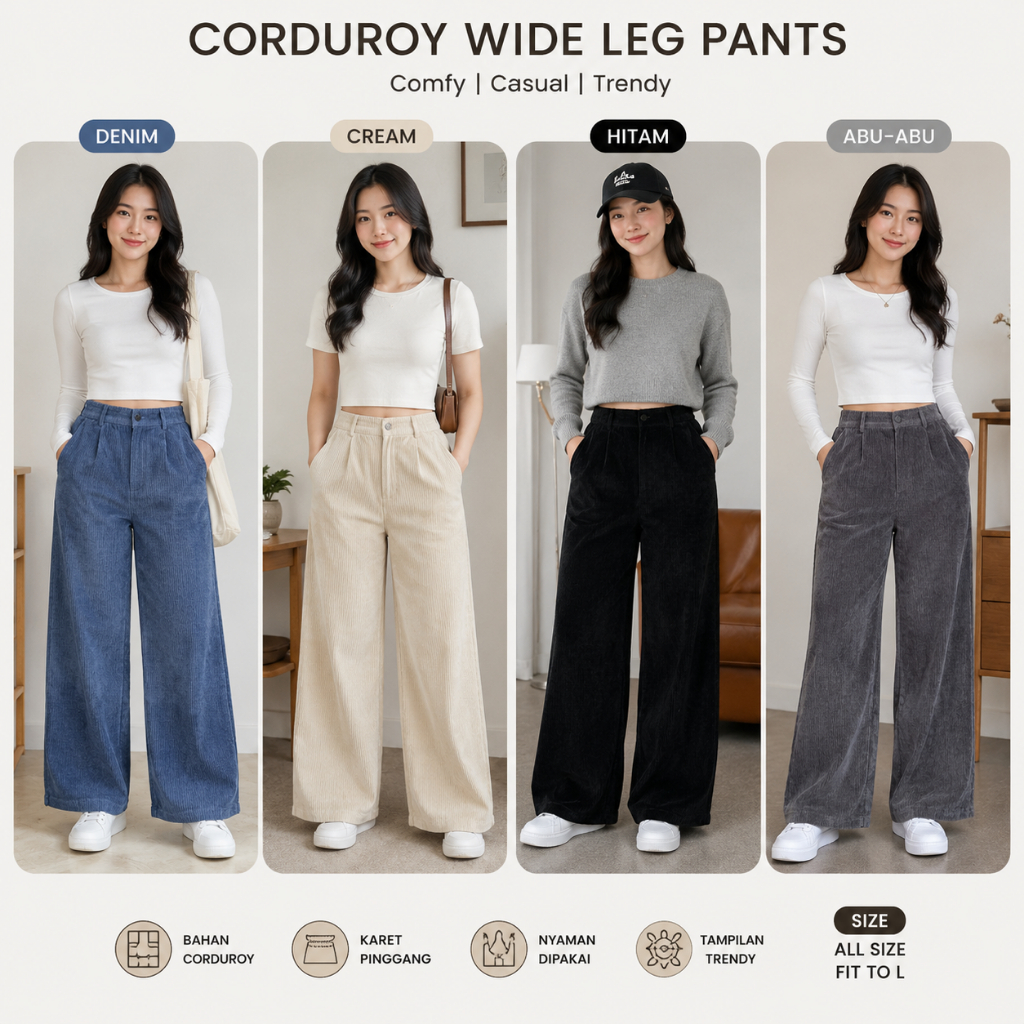 Lapiaf Original Korea Pants - Celana Panjang Wanita Corduray - Pinggang Karet Model Kulot - Warna Hi