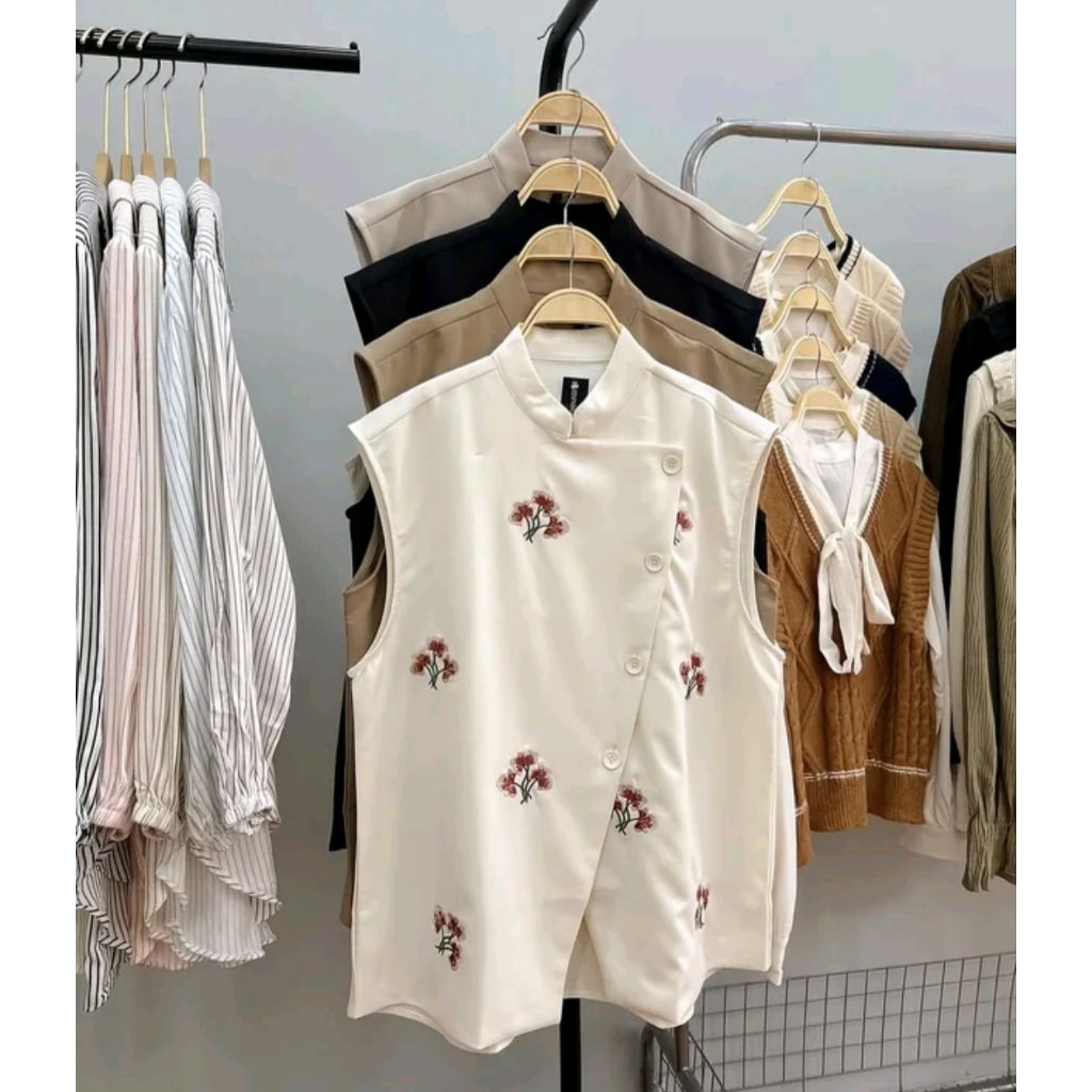 [Ootd] Kekinian Vest Outer Rompi Bordir Motif Bunga Korean Style Kekinian