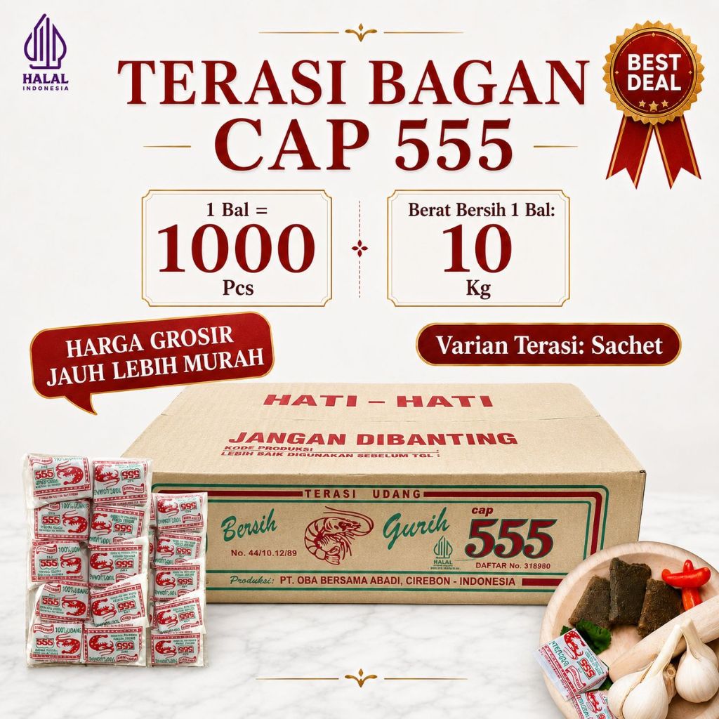 GROSIR TERASI UDANG KHAS BAGAN CAP 555 | 1 Dus = 10 kg, Isi 1000 pcs | 10 gr / pcs