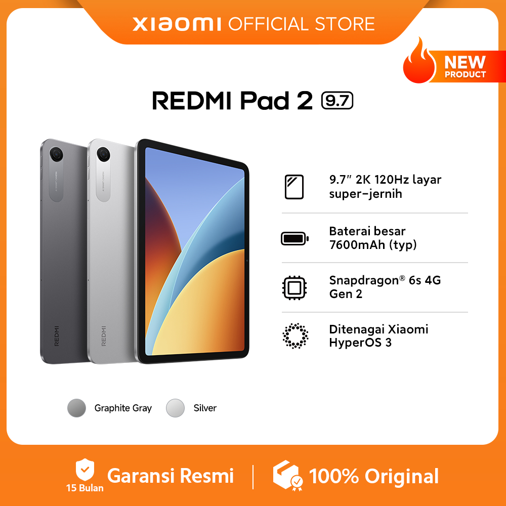 Xiaomi REDMI Pad 2 9.7 (4GB/64GB) | 9.7" 2K 120Hzz layar super-jernih | Baterai besar 7600mAh (typ) 